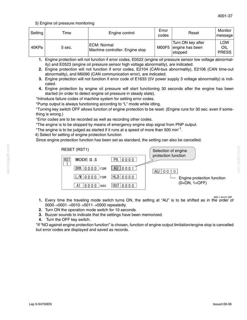 May include: A technical diagram with text detailing engine oil pressure monitoring. The document includes settings, time, engine control, error codes, and reset instructions. It also features a section on engine protection function.