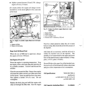 May include: A technical manual page titled LUBRICATION AND MAINTENANCE featuring two diagrams of a 4-cylinder engine. Figure 34 shows the left-hand side with an oil filter and drain plug. Figure 35 shows the right-hand side with a filler and dipstick.