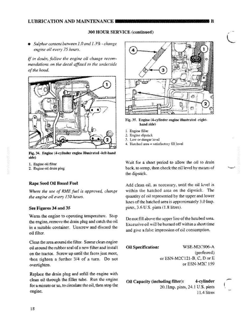 May include: A technical manual page titled LUBRICATION AND MAINTENANCE featuring two diagrams of a 4-cylinder engine. Figure 34 shows the left-hand side with an oil filter and drain plug. Figure 35 shows the right-hand side with a filler and dipstick.