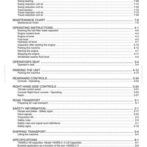 May include: A black and white table of contents page from a technical manual for a 140SRLC-3 machine. The text lists sections including maintenance charts, operating instructions, operator seat, rearward controls, safety information, and specifications.
