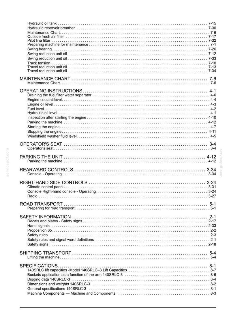 May include: A black and white table of contents page from a technical manual for a 140SRLC-3 machine. The text lists sections including maintenance charts, operating instructions, operator seat, rearward controls, safety information, and specifications.