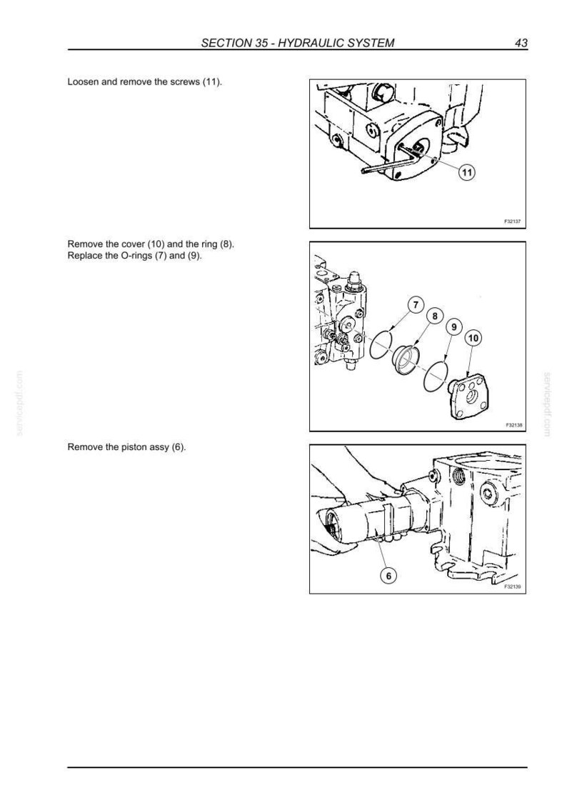 Puede incluir: Diagrama t&eacute;cnico de un sistema hidr&aacute;ulico, con componentes etiquetados e instrucciones. La imagen muestra tornillos, cubiertas, anillos y juntas t&oacute;ricas, cada uno identificado con llamadas numeradas. El t&iacute;tulo en la parte superior dice "SECTION 35 - HYDRAULIC SYSTEM".