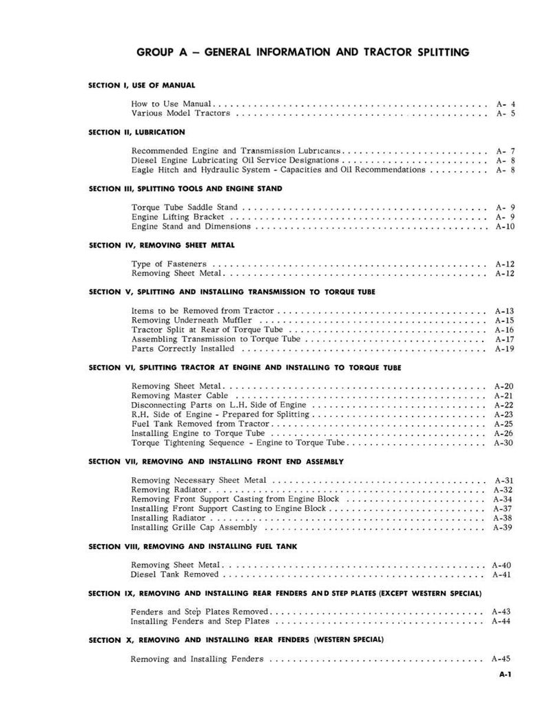 Pode incluir: Uma p&aacute;gina de manual impressa em preto e branco intitulada "GRUPO A - INFORMA&Ccedil;&Otilde;ES GERAIS E DIVIS&Atilde;O DO TRATOR". O &iacute;ndice lista se&ccedil;&otilde;es sobre lubrifica&ccedil;&atilde;o, ferramentas de divis&atilde;o, etc.