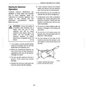 Peut inclure: Une page de manuel expliquant le fonctionnement d'un marteau hydraulique. Le texte comprend des avertissements concernant la d&eacute;molition, des instructions d'utilisation et un sch&eacute;ma des zones de fonctionnement avant et arri&egrave;re de l'outil.