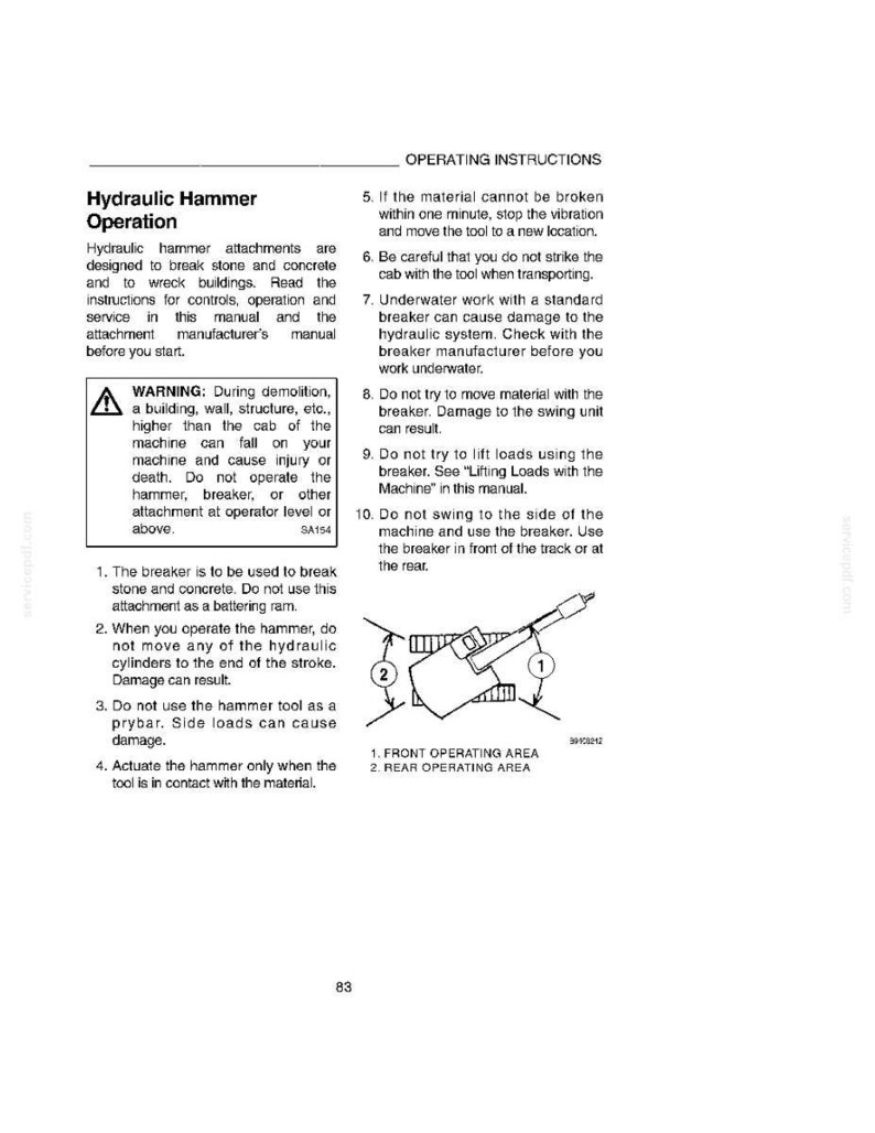 Peut inclure: Une page de manuel expliquant le fonctionnement d'un marteau hydraulique. Le texte comprend des avertissements concernant la d&eacute;molition, des instructions d'utilisation et un sch&eacute;ma des zones de fonctionnement avant et arri&egrave;re de l'outil.
