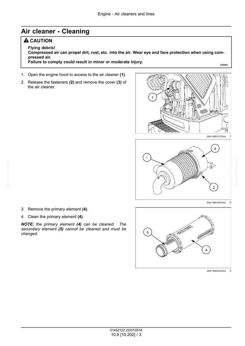 Puede incluir: Diagrama del proceso de limpieza de un filtro de aire. La imagen incluye las partes etiquetadas del filtro de aire, con instrucciones sobre c&oacute;mo quitar y limpiar el elemento principal. Tambi&eacute;n se incluyen advertencias de seguridad.