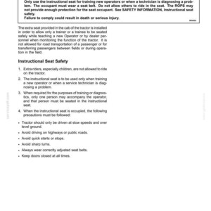 Puede incluir: Un documento en blanco y negro titulado 2-SAFETY INFORMATION, Instructor's seat. Contiene una advertencia sobre riesgos de uso indebido, instrucciones para usar el asiento en formaci&oacute;n o diagn&oacute;stico, y precauciones de seguridad.