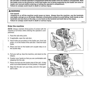 May include: Safety information page with warnings about entering and exiting a machine. Includes diagrams of a person entering the machine, with instructions on how to safely enter the cab. Text includes warnings about crushing and fall hazards.