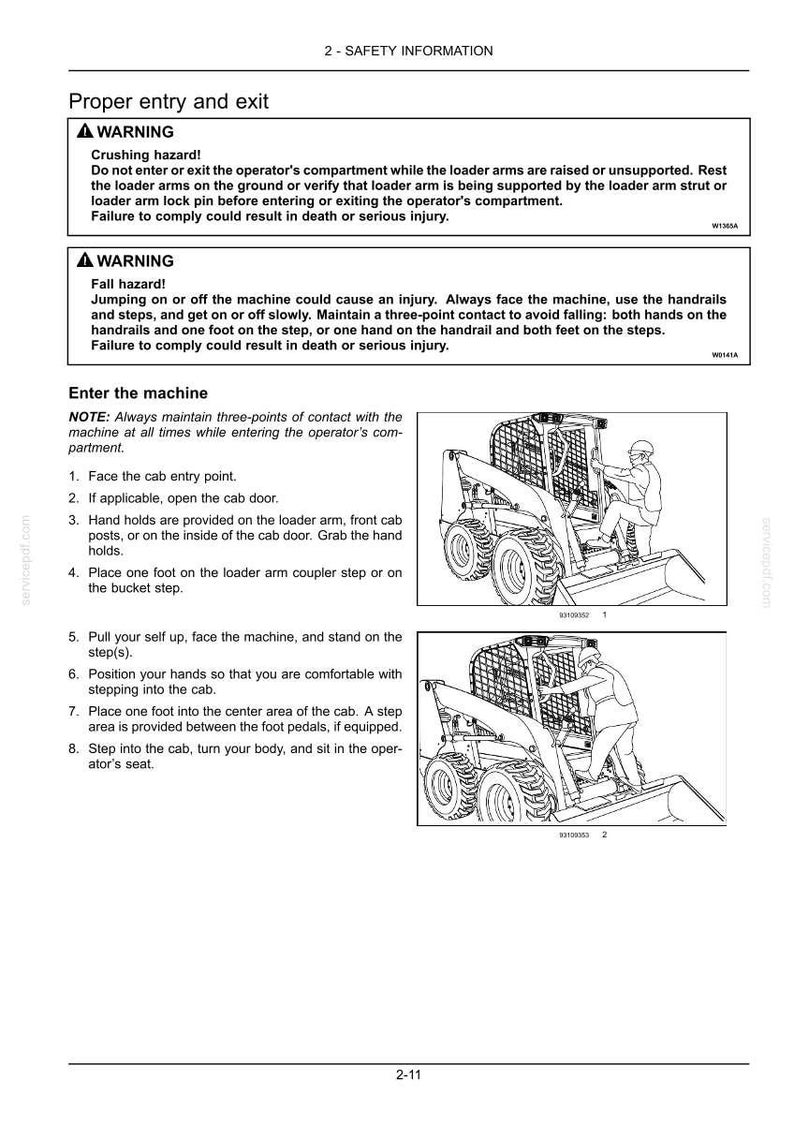 May include: Safety information page with warnings about entering and exiting a machine. Includes diagrams of a person entering the machine, with instructions on how to safely enter the cab. Text includes warnings about crushing and fall hazards.