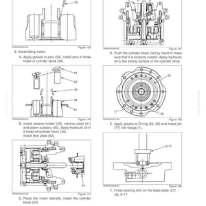 May include: A technical manual page titled Section 3 - Disassembly and Assembly Chapter 34 - Travel System. It contains six black and white line drawings labeled Figures 139 through 144, showing mechanical assembly steps with numbered parts and text.