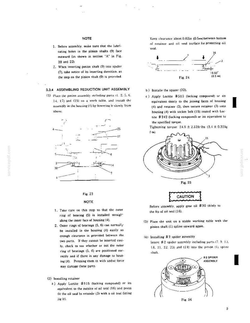 K&ouml;nnte beinhalten: Eine Seite aus einem technischen Handbuch zur Montage einer Untersetzungseinheit mit den Abbildungen Fig. 23, 24, 25 und 26. Der Text enth&auml;lt Anweisungen zur Installation von Ritzelwellen, Distanzst&uuml;cken und &Ouml;ldichtungen mit einem Drehmoment.
