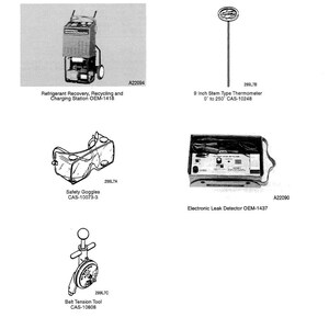 May include: An illustration of special tools, including a refrigerant recovery station, safety goggles, a 9-inch stem thermometer, an electronic leak detector, and a belt tension tool. The thermometer measures from 0 to 250 degrees.