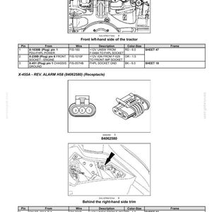 May include: Diagram of electrical systems, harnesses, and connectors for a tractor. Includes wiring schematics, pin configurations, and descriptions for various components, such as the front left-hand and right-hand side trims.