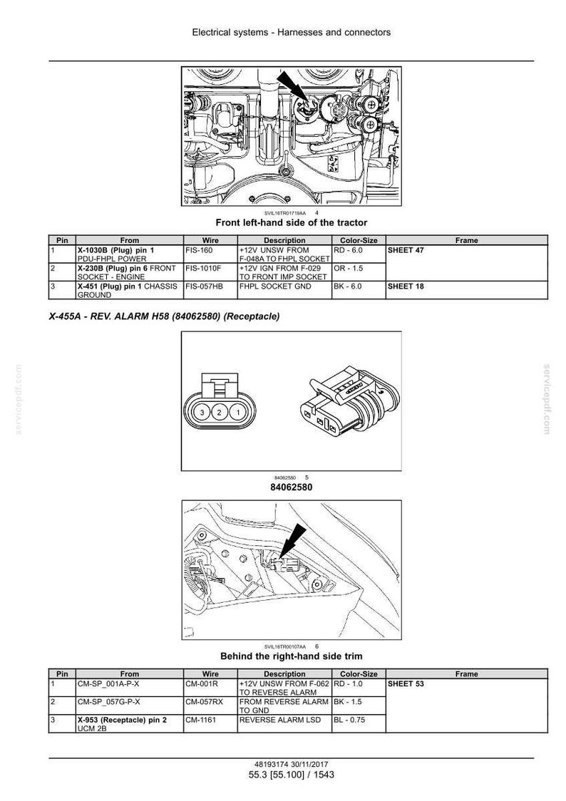 May include: Diagram of electrical systems, harnesses, and connectors for a tractor. Includes wiring schematics, pin configurations, and descriptions for various components, such as the front left-hand and right-hand side trims.