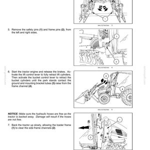 May include: A technical document page titled 3 - OPERATING INSTRUCTIONS featuring four black and white line drawings illustrating the steps to detach a tractor loader. The diagrams show park stand legs, safety pins, frame pins, and hydraulic hoses.