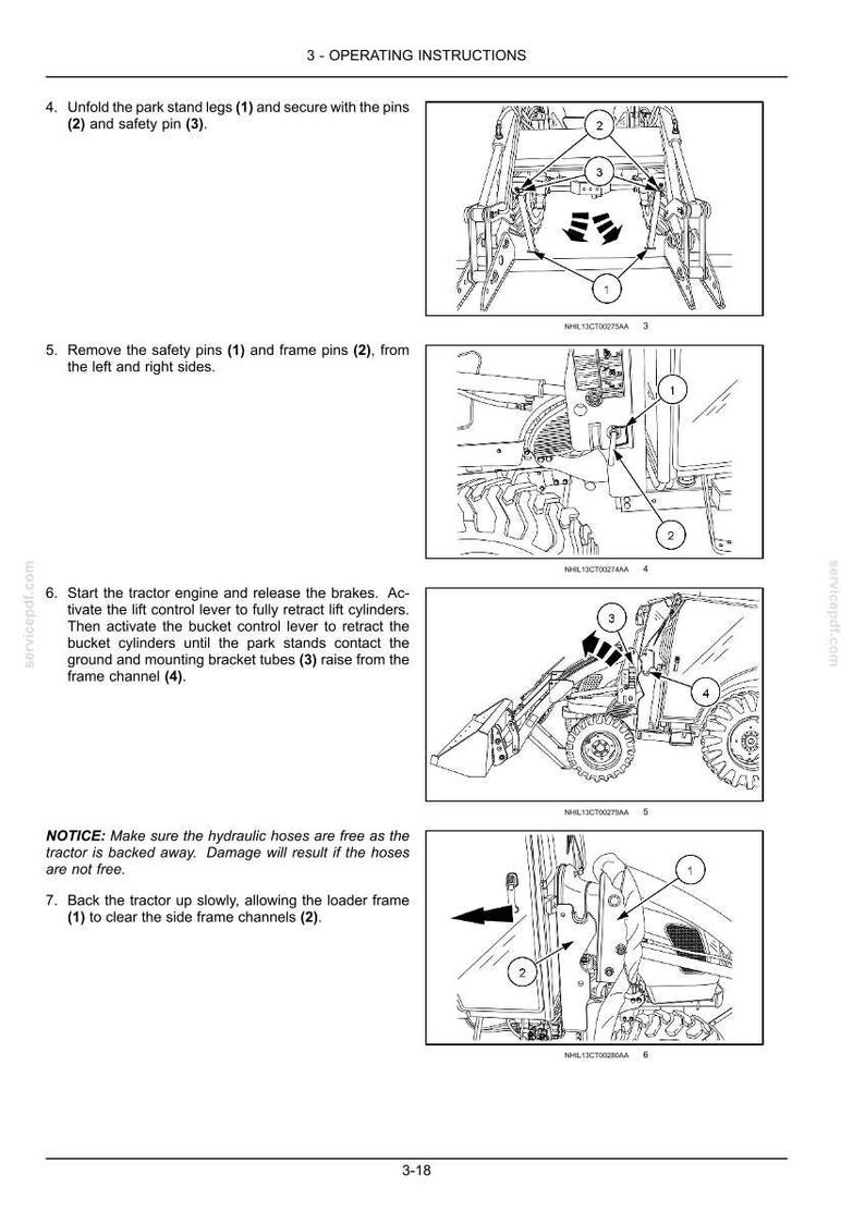 May include: A technical document page titled 3 - OPERATING INSTRUCTIONS featuring four black and white line drawings illustrating the steps to detach a tractor loader. The diagrams show park stand legs, safety pins, frame pins, and hydraulic hoses.
