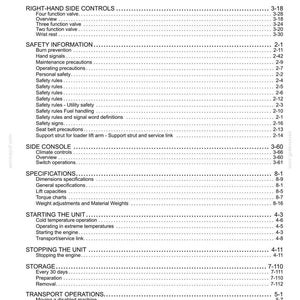 May include: A detailed table of contents from a manual, with headings such as "Recovery Transport," "Right-Hand Side Controls," and "Safety Information." The text is black on a white background, with page numbers.