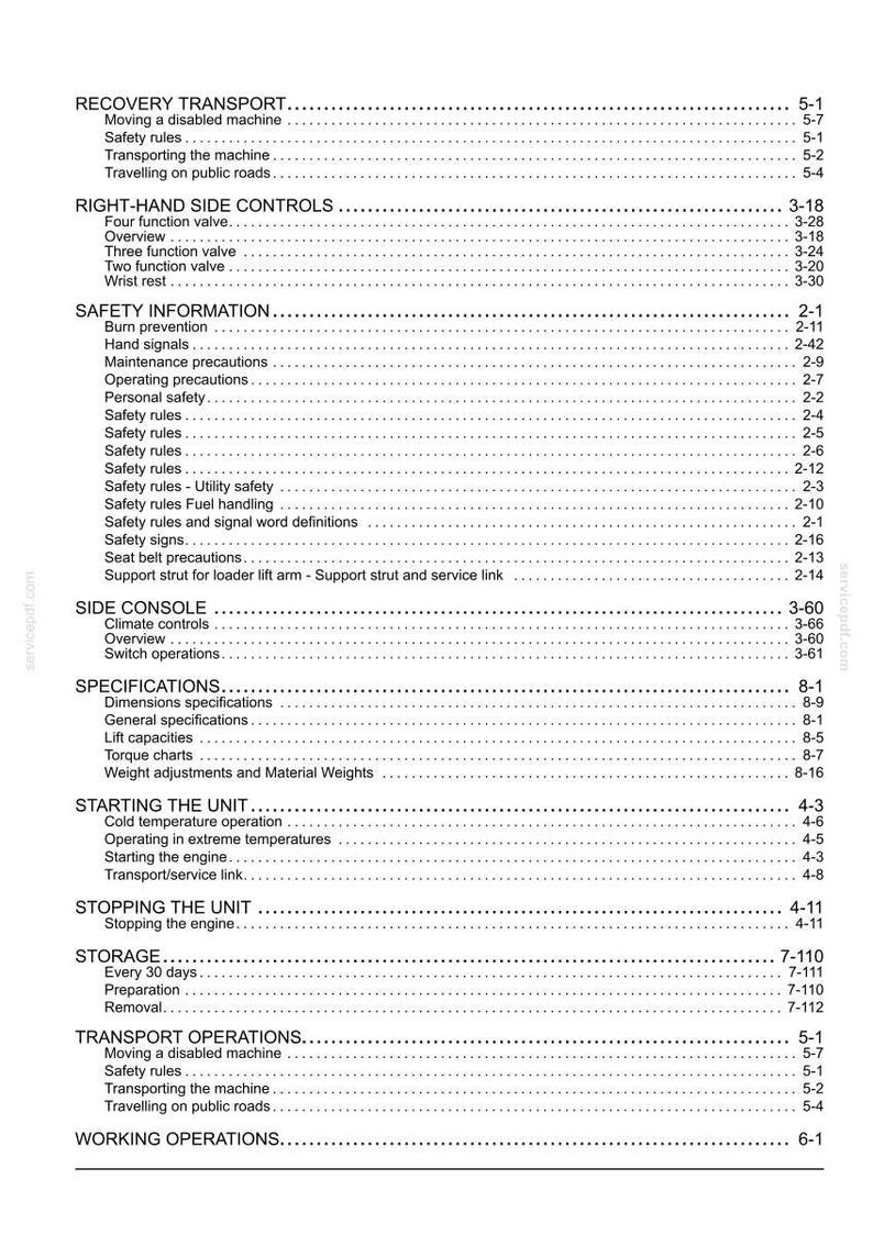 May include: A detailed table of contents from a manual, with headings such as "Recovery Transport," "Right-Hand Side Controls," and "Safety Information." The text is black on a white background, with page numbers.