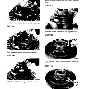 May include: A page from a manual with detailed instructions for assembling mechanical components. The images show various steps, including installing pinion shafts, planetary gears, and securing screws. Text includes step numbers and torque specifications.