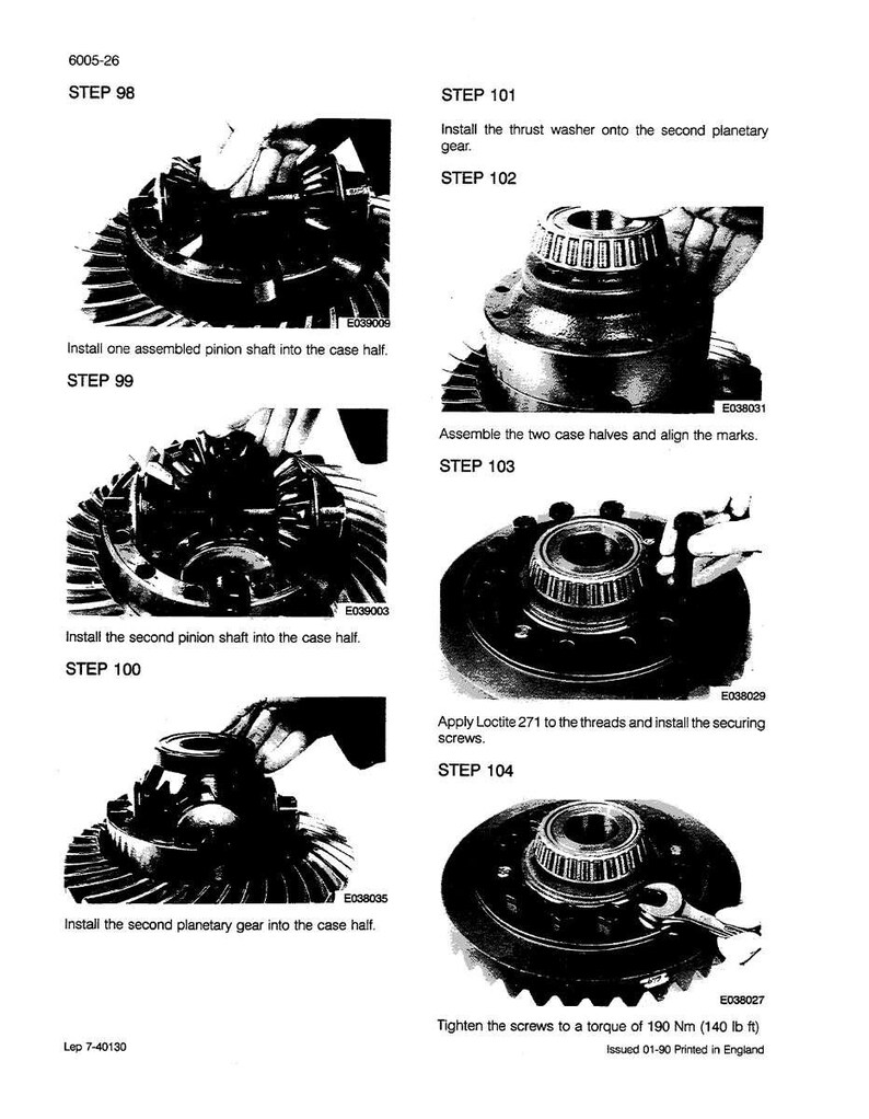 May include: A page from a manual with detailed instructions for assembling mechanical components. The images show various steps, including installing pinion shafts, planetary gears, and securing screws. Text includes step numbers and torque specifications.