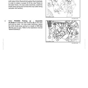 May include: Diagram of a rotor installation process, with numbered steps and illustrations. Includes instructions for supporting the baler, reinstalling bolts, and adjusting the knife break-away spring to 16.3 inches. The diagram is a technical manual for crop processing.