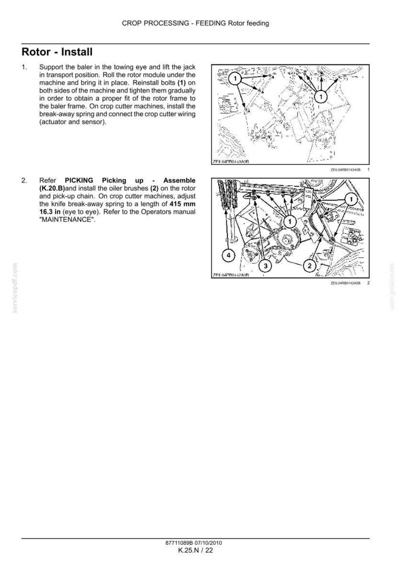 May include: Diagram of a rotor installation process, with numbered steps and illustrations. Includes instructions for supporting the baler, reinstalling bolts, and adjusting the knife break-away spring to 16.3 inches. The diagram is a technical manual for crop processing.