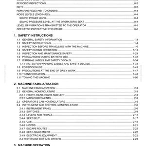 May include: Index page from a manual, featuring a table of contents with numbered sections and sub-sections. The document covers safety instructions, machine familiarization, and operation, with page numbers listed.