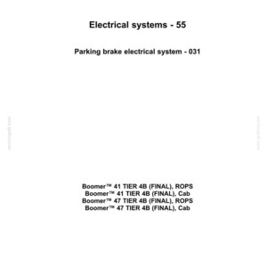 May include: A document with the New Holland Agriculture logo at the top. The text reads "Electrical systems - 55" and "Parking brake electrical system - 031." Below are tractor model specifications, including "Boomer" and "TIER 4B."