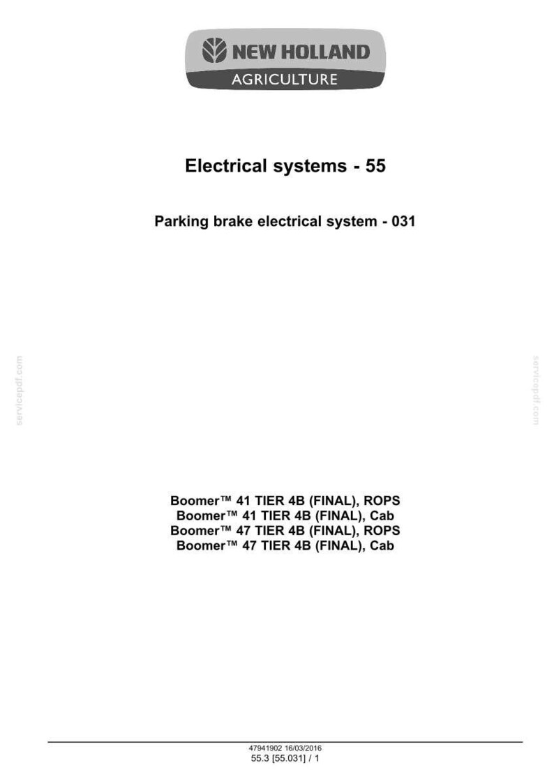May include: A document with the New Holland Agriculture logo at the top. The text reads "Electrical systems - 55" and "Parking brake electrical system - 031." Below are tractor model specifications, including "Boomer" and "TIER 4B."