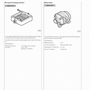 May include: Technical diagram of an engine's pre-post heating resistor and alternator. The resistor is a rectangular component with a grid-like interior. The alternator is a cylindrical component with multiple ports and a belt drive.