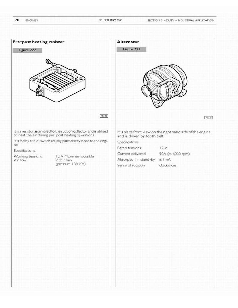 May include: Technical diagram of an engine's pre-post heating resistor and alternator. The resistor is a rectangular component with a grid-like interior. The alternator is a cylindrical component with multiple ports and a belt drive.