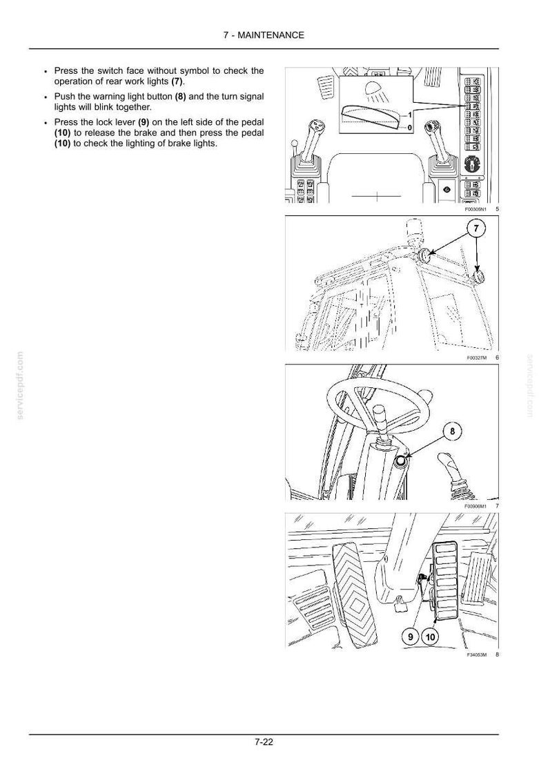 May include: A technical maintenance manual page titled 7-MAINTENANCE featuring black and white line drawings of vehicle controls. It includes diagrams of a switch, rear work lights, a warning light button, and a brake pedal with a lock lever.