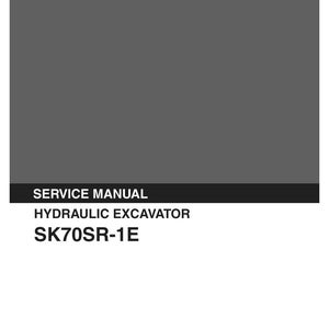 May include: A Kobelco service manual for a hydraulic excavator, model SK70SR-1E. The cover is dark gray with white text reading KOBELCO, SERVICE MANUAL, HYDRAULIC EXCAVATOR, SK70SR-1E, and includes the text Applicable: SK70SR-1E YT02-04001- S5YT0002E-02 01/02.
