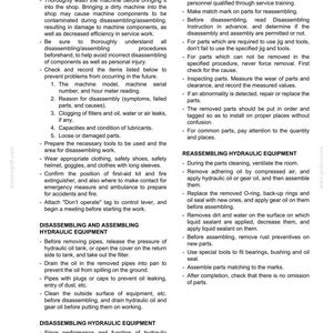 May include: A technical document titled PRECAUTIONS FOR DISASSEMBLY AND ASSEMBLY E175B-E195B. The text provides detailed safety and procedural instructions for machine maintenance, including preparation, hydraulic equipment handling, and reassembly steps.
