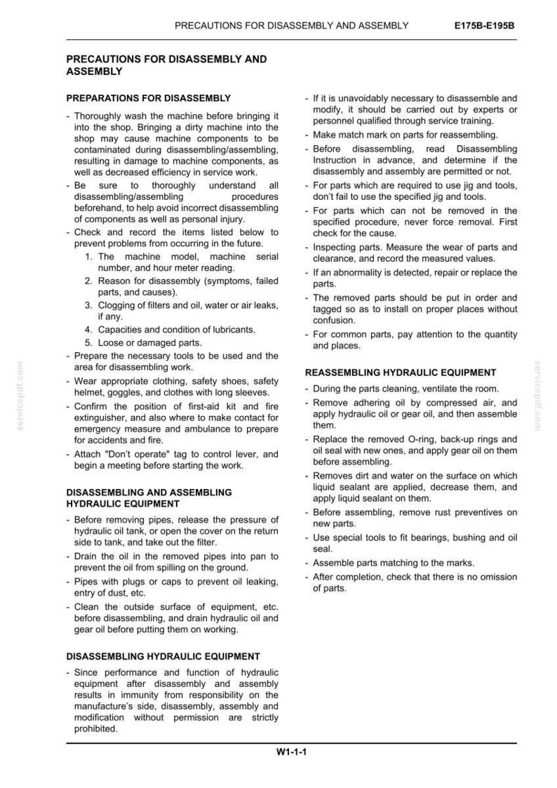 May include: A technical document titled PRECAUTIONS FOR DISASSEMBLY AND ASSEMBLY E175B-E195B. The text provides detailed safety and procedural instructions for machine maintenance, including preparation, hydraulic equipment handling, and reassembly steps.