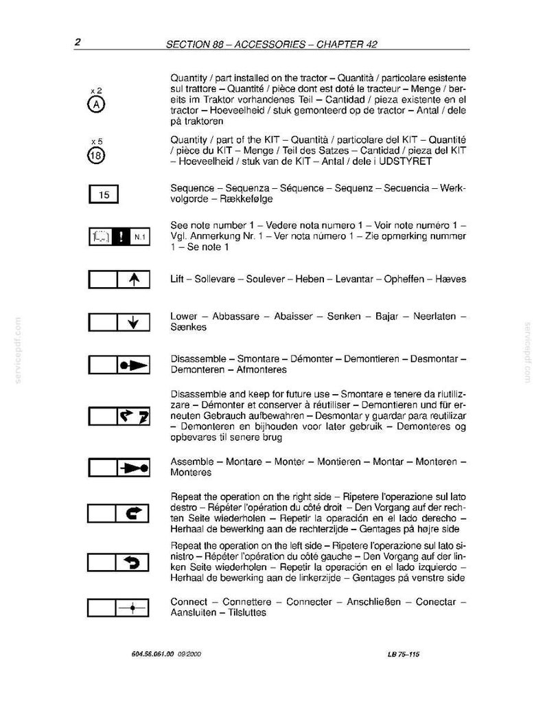 Peut inclure: Page de manuel avec texte et sch&eacute;mas relatifs aux accessoires de tracteur. Comprend des &eacute;tiquettes pour la quantit&eacute;, la s&eacute;quence et les instructions d'utilisation. Le texte est en plusieurs langues.