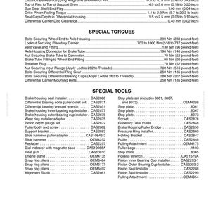 May include: A detailed specifications sheet for automotive repair, featuring measurements in inches and pound-feet. It includes torque specifications, special tools, and part numbers for various components.