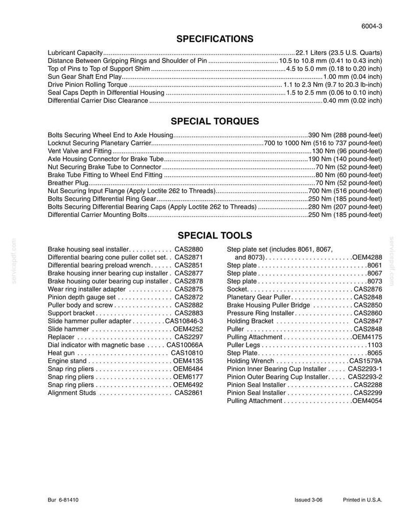 May include: A detailed specifications sheet for automotive repair, featuring measurements in inches and pound-feet. It includes torque specifications, special tools, and part numbers for various components.