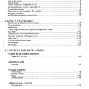 May include: A black and white document page titled "Contents" with a list of topics including "General Information", "Safety Information", and "Controls and Instruments". The document appears to be a manual.