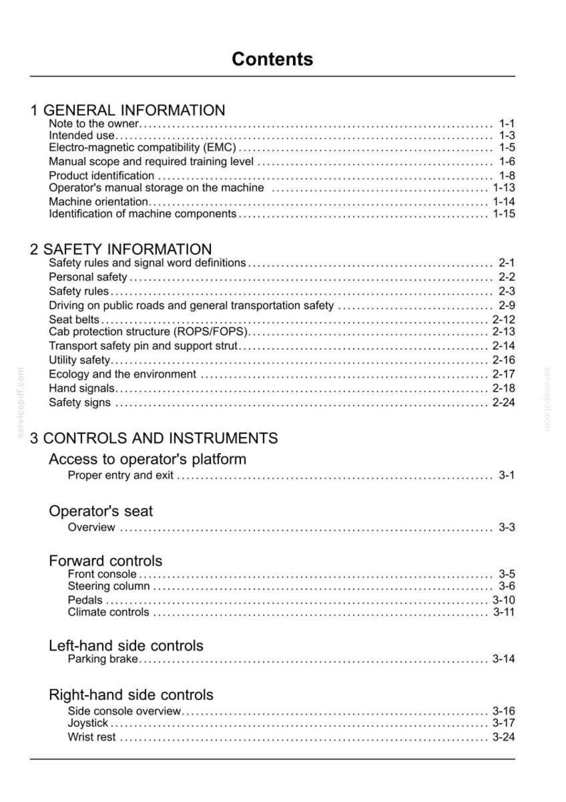 May include: A black and white document page titled "Contents" with a list of topics including "General Information", "Safety Information", and "Controls and Instruments". The document appears to be a manual.