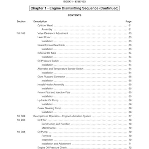 May include: A page from a manual titled "SECTION 10 - ENGINE" with a table of contents. The table lists engine components and procedures, including cylinder head, oil filter, and oil pump. The page number is 7.