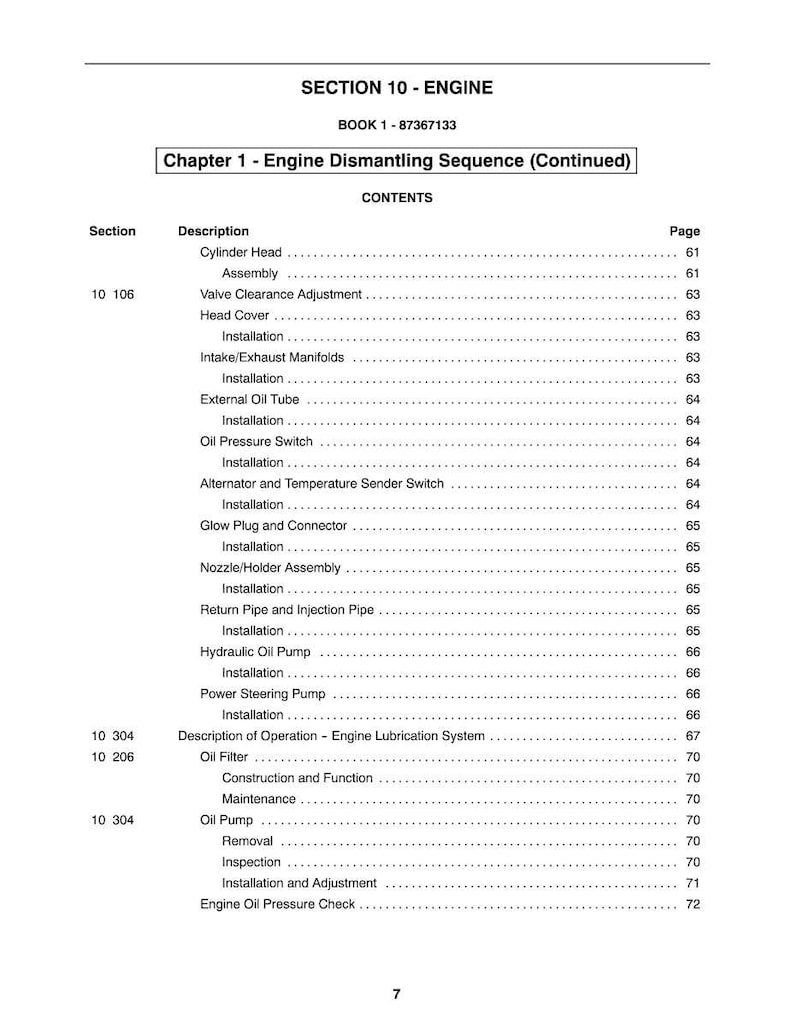 May include: A page from a manual titled "SECTION 10 - ENGINE" with a table of contents. The table lists engine components and procedures, including cylinder head, oil filter, and oil pump. The page number is 7.
