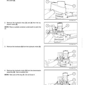 May include: Diagram of a hydraulic motor removal process, with numbered components and instructions. The image is a technical illustration with labels for parts like the cover, hardware, and hydraulic lines. The diagram is in black and white.