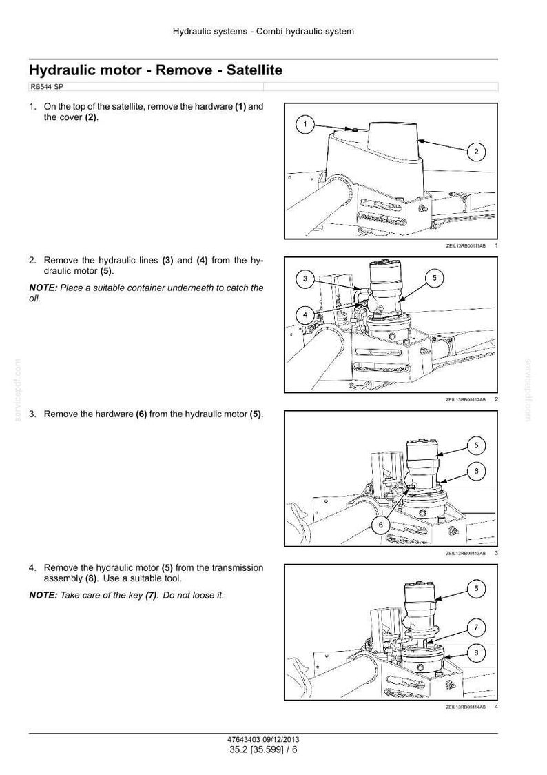 May include: Diagram of a hydraulic motor removal process, with numbered components and instructions. The image is a technical illustration with labels for parts like the cover, hardware, and hydraulic lines. The diagram is in black and white.