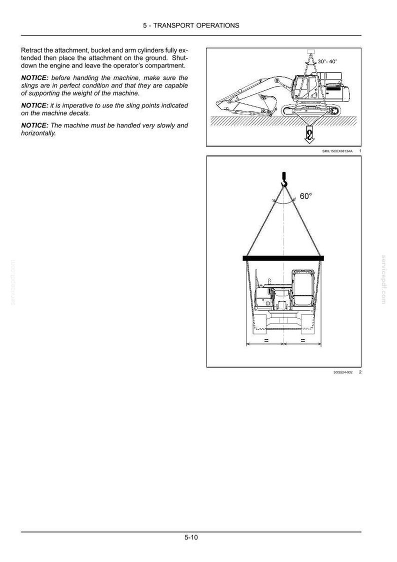 K&ouml;nnte beinhalten: Diagramm zur Veranschaulichung von Transportvorg&auml;ngen f&uuml;r Schwermaschinen. Das Bild zeigt einen Bagger, der mit einer Schlinge in einem Winkel von 30-40 Grad angehoben wird, und eine weitere Maschine, die in einem Winkel von 60 Grad angehoben wird. Text liefert Anweisungen.