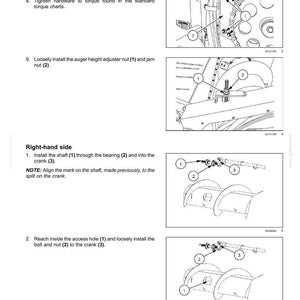 May include: Diagram of an attachment/header feed auger with numbered parts and instructions. Includes close-up views of nuts, bolts, and brackets, with text instructions for assembly and alignment. The image is a technical illustration.