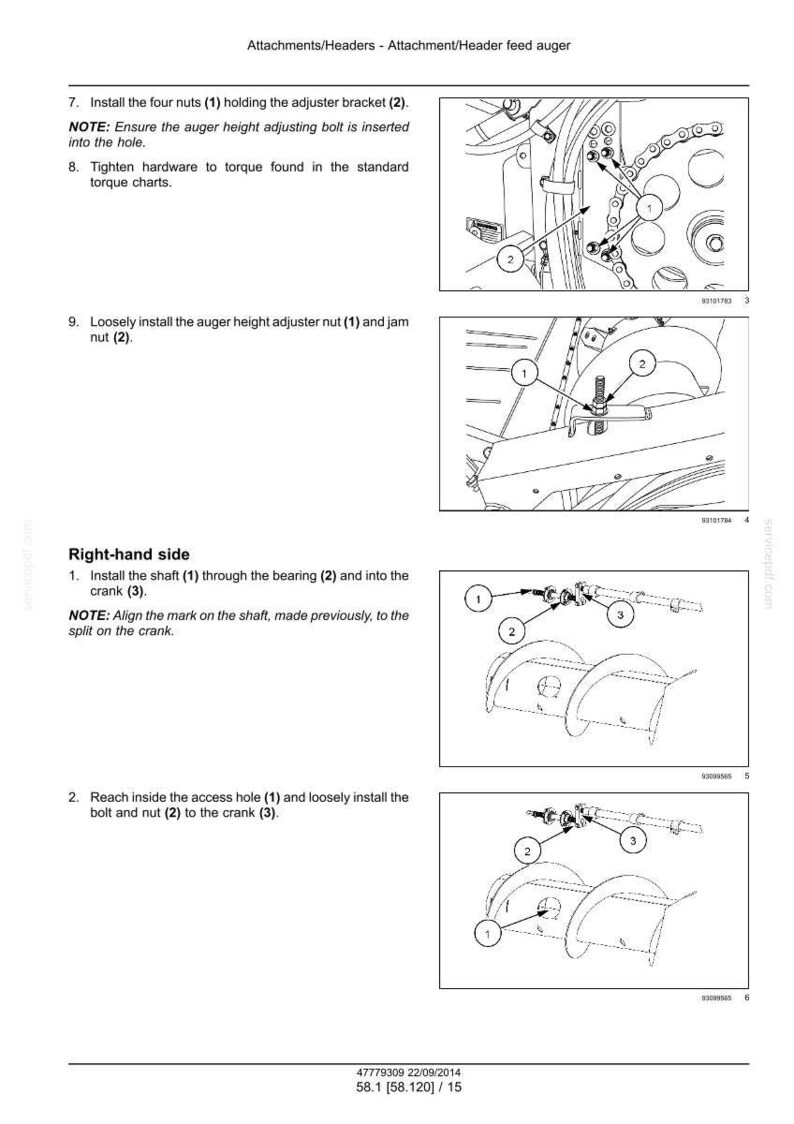 May include: Diagram of an attachment/header feed auger with numbered parts and instructions. Includes close-up views of nuts, bolts, and brackets, with text instructions for assembly and alignment. The image is a technical illustration.