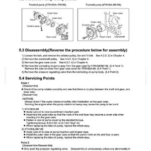 May include: Diagram of trochoid pump components, including outer rotor, inner rotor, and control valve. Text details disassembly and servicing points for the pump, with torque specifications in N&middot;m and kgf&middot;m.