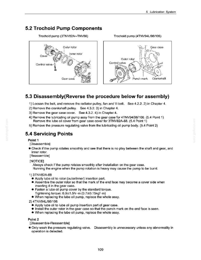 May include: Diagram of trochoid pump components, including outer rotor, inner rotor, and control valve. Text details disassembly and servicing points for the pump, with torque specifications in N&middot;m and kgf&middot;m.
