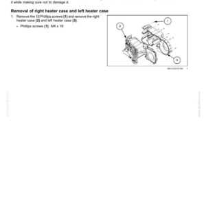 May include: Diagram of an HVAC unit removal procedure. The image includes an exploded view of the unit with numbered components and instructions for removing the right and left heater cases. Text includes "Heating, Ventilation, and Air-Conditioning (HVAC) unit - Remove."